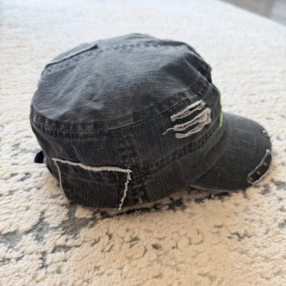 Woman’s Distressed Military Style Black Hat with Green Embroidery - Picture 2 of 9